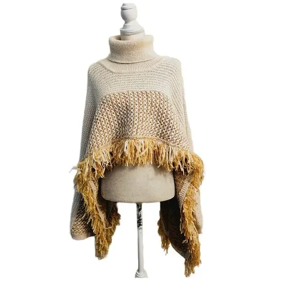 NWOT Anthropologie Fringe Turtleneck Cropped Poncho Sweater $200 - Picture 2 of 8